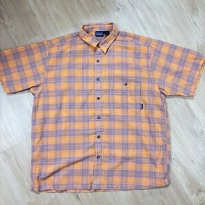 Patagonia Men's Large Orange And Grey Plaid Organic Cotton Shirt Short Sleeve